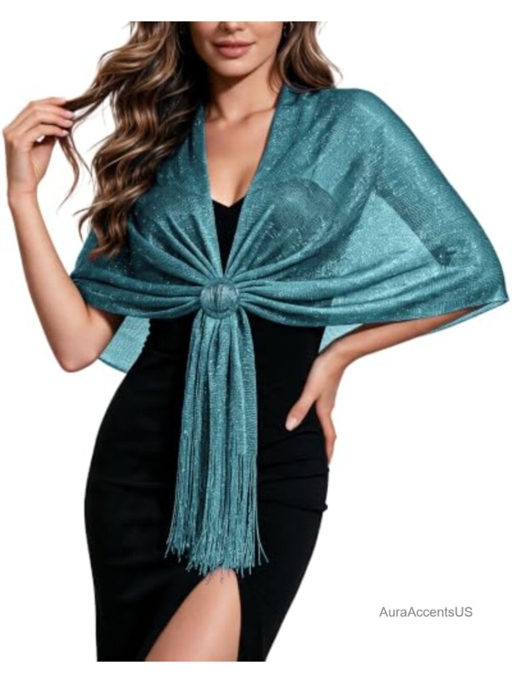 Women's Metallic Glitter Shawl Wrap with Free Buckle, Evening Party Cover-Up